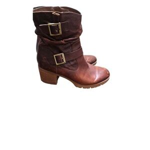 Korks-Ease Brown Ankle Boots Buckle & Stacked Heel Distressed Leather Size 9.5